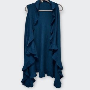 Luii Anthropologie Ruffled Flounce Shawl Collar Vest M Wool Teal Blue Waterfall